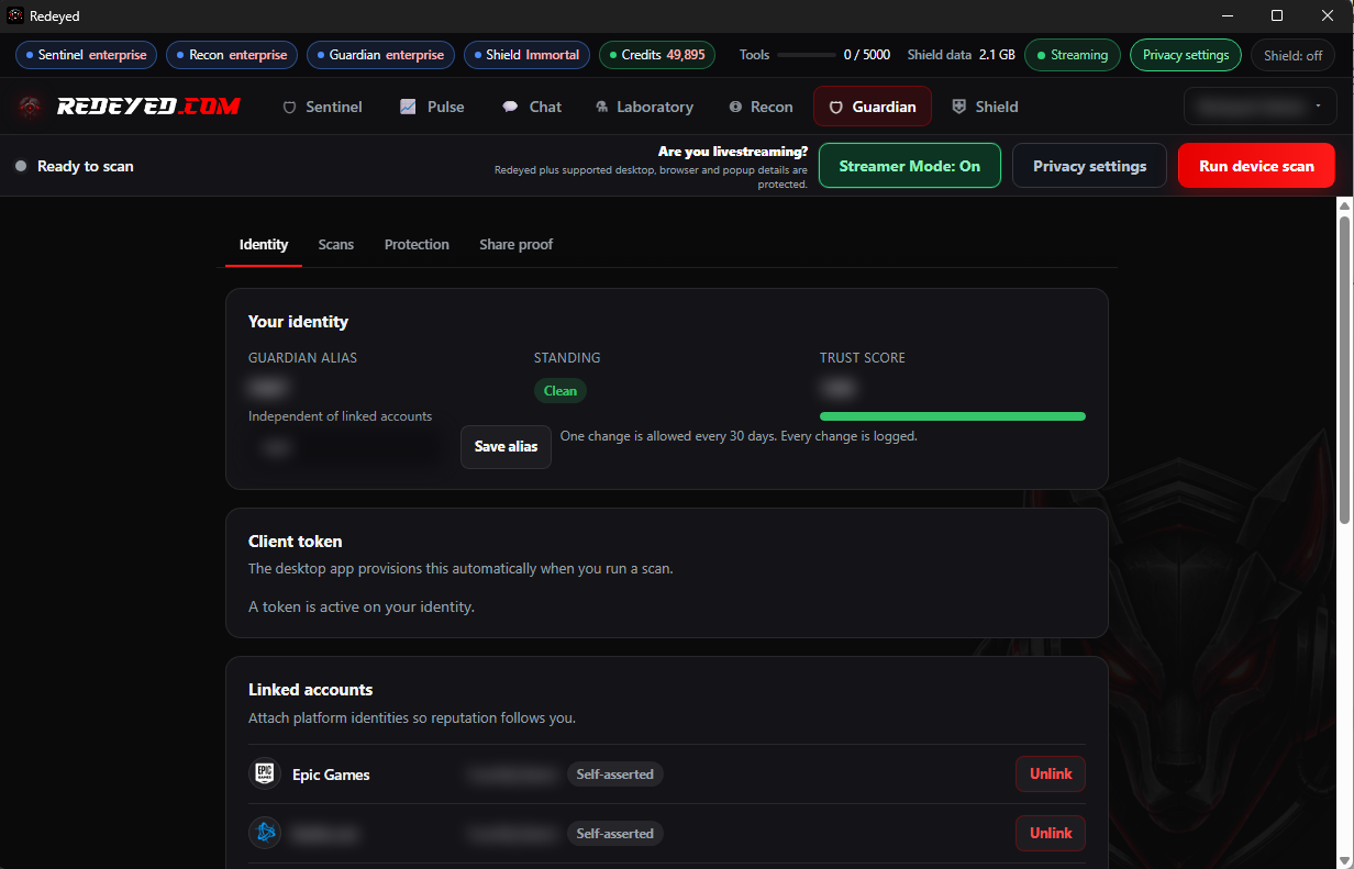 Redeyed Guardian identity and live PC check screen